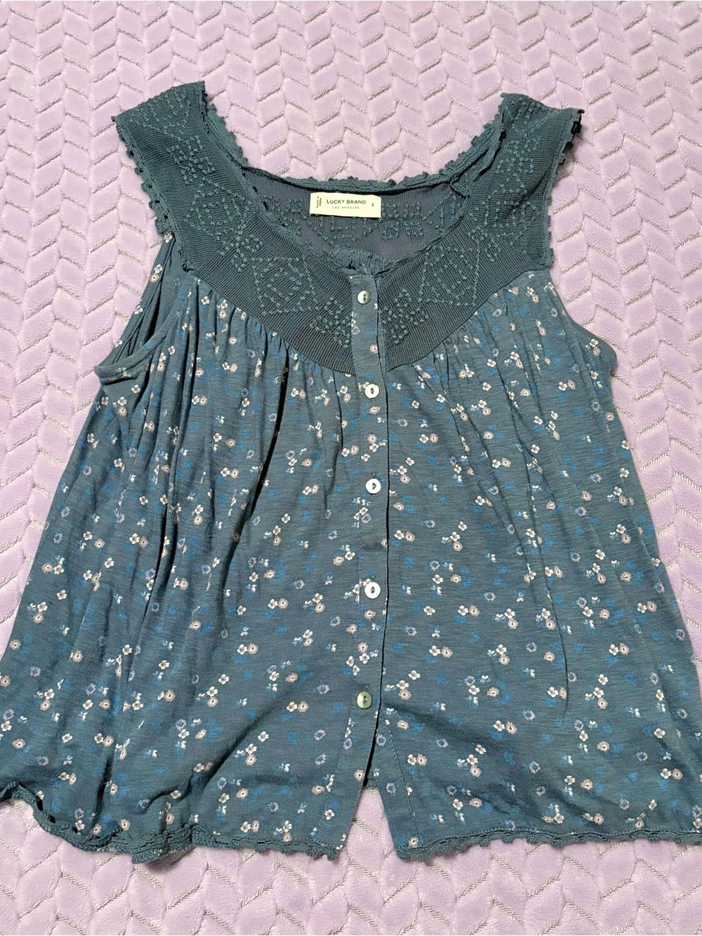 Lucky Brand Blue Floral Button-Front Sleeveless Top